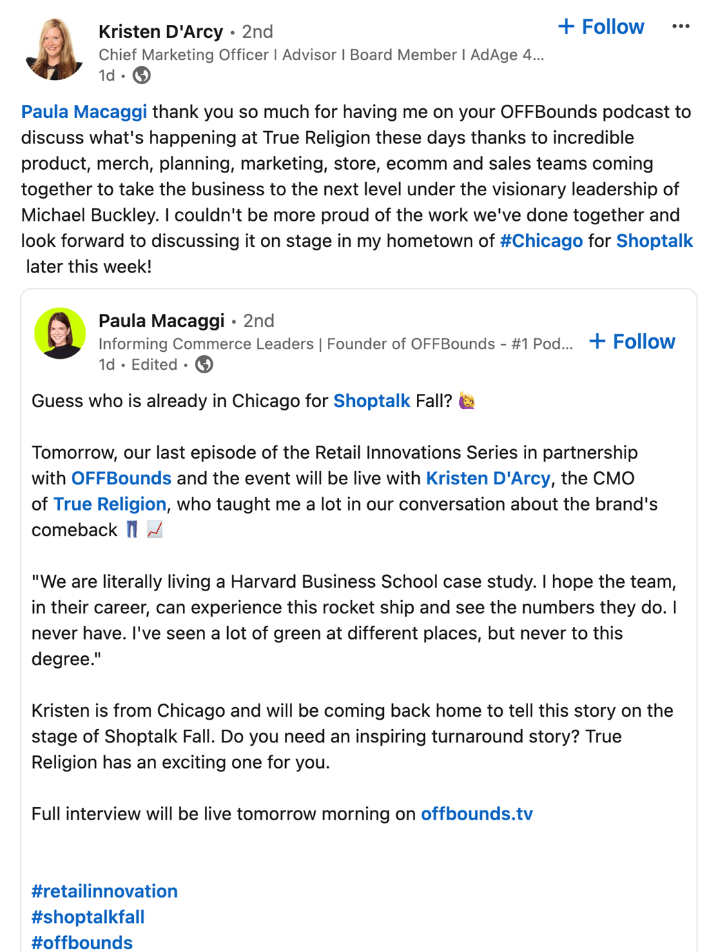 I couldn't be more proud of the work we've done together and look forward to discussing it on stage in my hometown of hashtag#Chicago for Shoptalk later this week!