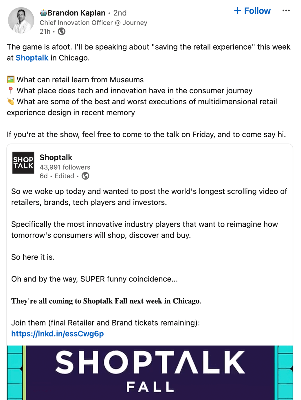 The game is afoot. I'll be speaking about "saving the retail experience" this week at Shoptalk in Chicago.