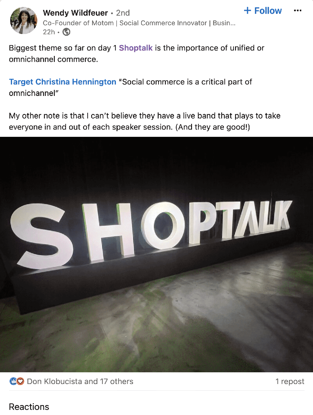 Biggest theme so far on day 1 Shoptalk is the importance of unified or omnichannel commerce.