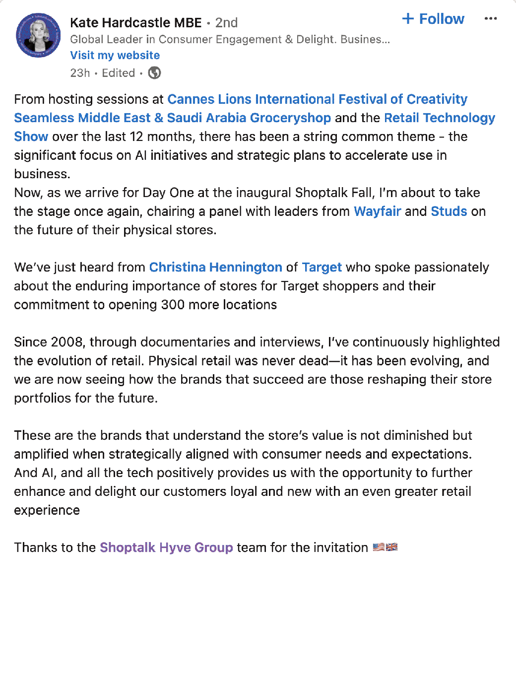 From hosting sessions at Cannes Lions International Festival of Creativity. Seamless Middle East & Saudi Arabia Groceryshop and the Retail Technology Show over the last 12 months, there has been a string common theme - the significant focus on AI initiatives and strategic plans to accelerate use in business.